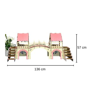 Kaninchenhaus aus Holz mit Hängebrücke und Türmen Zweistöckiges Hasenspielhaus Rose- Grün- Schwarz