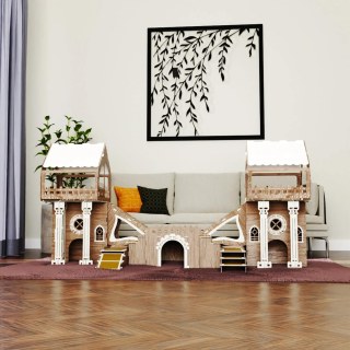 3-stöckige Kaninchenburg aus Holz – Triplex Hasenhaus mit Terrasse, Holzbrücke & Rampen – Für bis zu 4 Kaninchen – Zerlegbarer Hasenstall Indoor & Outdoor