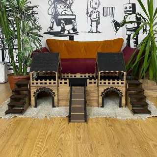 Kaninchenburg aus Holz mit Brücke & Terrasse – 2-stöckiges Kaninchenhaus mit Rampe & Kuschelkissen – Großes Hasenhaus für mehrere Kaninchen – Indoor