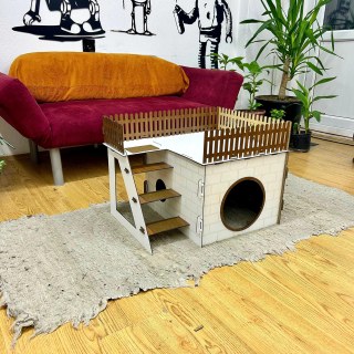 Kaninchenhaus mit Terrasse aus Holz – PrimePetHouse TERAS Hasenhaus für 1–2 Kaninchen & Chinchillas – Kleintierhaus mit Treppe & Schwingtür – Indoor & Garten