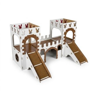 Katzenburg Kaninchenburg innen aus Holz mit Holzbrücke – Katzenburg im Zweiturmstil mit 4 Räumen & Terrasse – Für bis zu 2 Katzen – Stilvolles Katzenmöbel Indoor & Outdoor