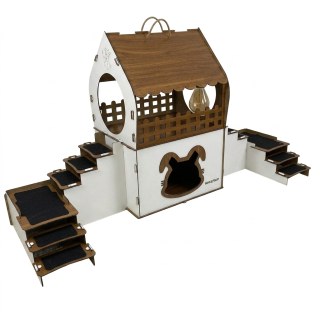 Kaninchenhaus innen aus Holz 2-stöckige Kaninchenburg indoor – Für 1–2 Kaninchen Kleintierhaus - Tragbares Hasenhaus mit Tragegriff, Terrasse & Schutzgeländern