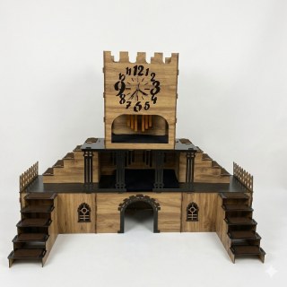 3-stöckige Kaninchenburg „Uhrturm“ aus Holz – Hasenhaus mit Holzbrücke, Terrassen & Rampen – Für bis zu 4 Kaninchen – Dekorativer Hasenstall Indoor & Outdoor