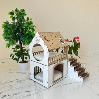 Großes hölzernes Kaninchenhaus für Innen – Zweistöckiges Kaninchenschloss aus Birkensperrholz – Personalisierter Kaninchenstall – Handgemachtes Haustiergeschenk – Moderne Kaninchenmöbel