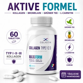 COLASTIN MAXiFORM Kollagen Tabletten – Mit Bromelain, Grüntee-Extrakt, L-Carnitin, Chrom, Hyaluronsäure & Biotin | 60 Tabletten | 30