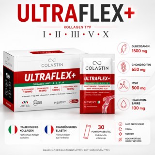 COLASTIN UltraFlex+ Kollagen Pulver – Kollagen Typ I, II, III, V & X mit Glucosamin, Chondroitin, MSM, Hyaluronsäure & Eierschalenmembran | 30 Portionsbeutel