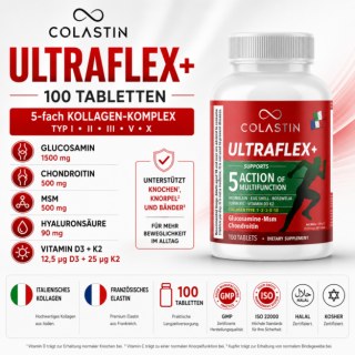 COLASTIN UltraFlex+ Kollagen Typ I, II, III, V & X – Glucosamin, Chondroitin, MSM, Hyaluronsäure, Vitamin D3 + K2 | 100 Tabletten