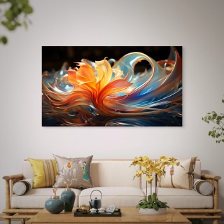 Abstrakte Glasbilder Blume in Orange & Blau, Gehärtetes Glas Wandbild, Modernes Wohndesign, Luxus Wanddeko Wohnzimmer.