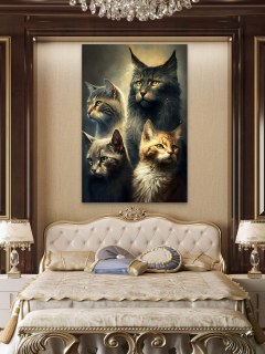 Exklusives Glasbild – Majestätisches Katzen-Quartett,Edle Katzenporträts in Öl-Optik