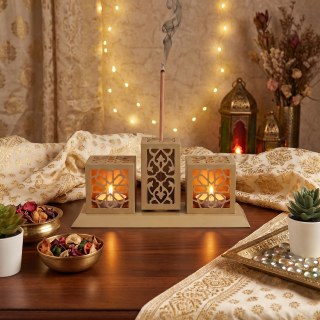 Lazer Kesim Metal Tealight Mumluk ve Tütsülük Seti | Geometrik Selçuklu Yıldızı Motifli Modern Ev Dekoru | Benzersiz Masa Süsü ve Hediye - görsel 4
