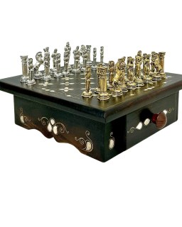 Handgemachtes Schachset aus Holz Sedef Intarsien Mosaikdesign mit Metallfiguren und Schubladen – Elegantes Geschenk für Schachliebhaber
