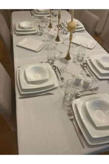 Grau bestickte, pflegeleichte Tischdecke in gebrochenem Weiß