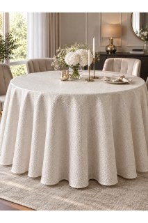 Große, runde Tischdecke in Beige – ein für Veranstaltungen geeignetes Heimtextilien-Produkt.