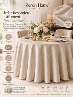 Große, runde Tischdecke in Beige – ein für Veranstaltungen geeignetes Heimtextilien-Produkt.