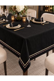 Schwarze Tischdecke mit Stickerei und goldener Piko-Detailierung in Leinenoptik - Sondermaßfertigung