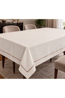 Tischdecke in Leinenoptik Creme mit Bronze-Piko-Details – Elegante und moderne Tischdecke