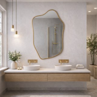 Asymmetrischer LED Wandspiegel mit 18 mm MDF-Rahmen – Handgefertigter Moderner Design Spiegel aus Hochwertigem Glas – Unregelmäßiger Dekospiegel für Badezimmer, Wohnzimmer & Flur – Einfache Wandmontage, LED optional steuerbar