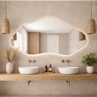 Bilbao LED Asymmetrischer Spiegel Wandspiegel Handgefertigt mit 10 mm MDF Rahmen – Unregelmäßiger Design Spiegel für Badezimmer & Schlafzimmer – Modern Dekorativ Wandspiegel mit Metall Aufhängung
