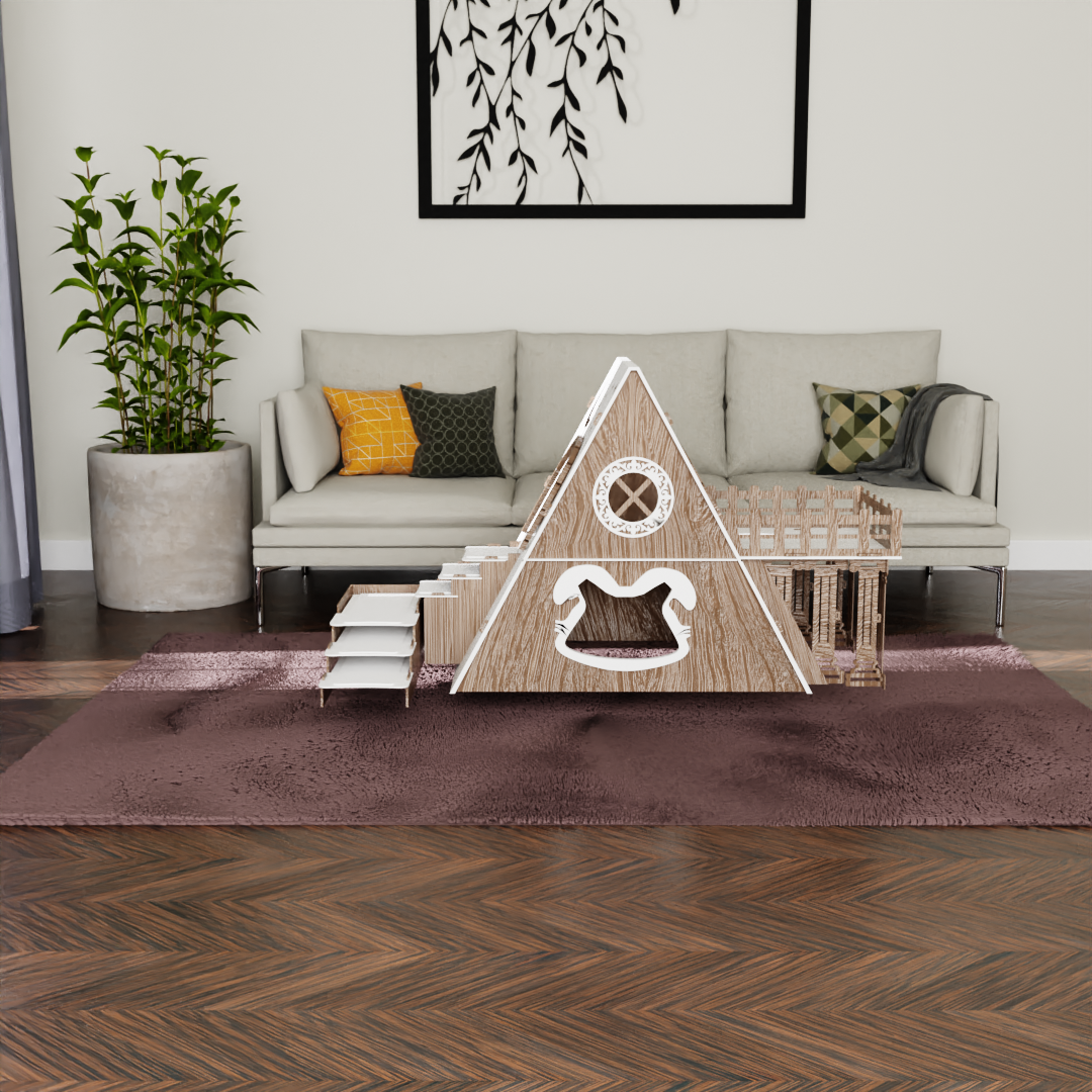 Bungalow Kaninchenhaus Katzenhaus mit Terrasse & Heuraufe – 2‑stöckiges Premium‑Hasenhaus aus 3 mm MDF, handgefertigt & zerlegbar – Indoor/geschützter Outdoor Stall für 1–2 Kaninchen – Bild 3