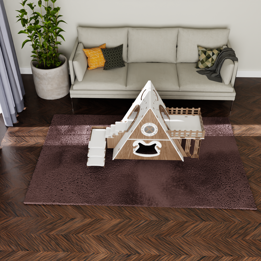 Bungalow Kaninchenhaus Katzenhaus mit Terrasse & Heuraufe – 2‑stöckiges Premium‑Hasenhaus aus 3 mm MDF, handgefertigt & zerlegbar – Indoor/geschützter Outdoor Stall für 1–2 Kaninchen – Bild 4