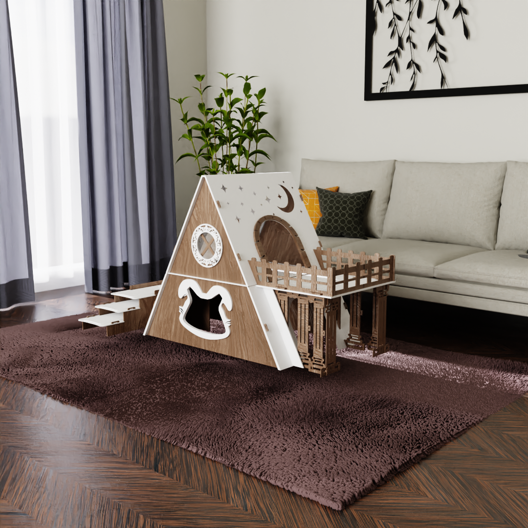 Bungalow Kaninchenhaus Katzenhaus mit Terrasse & Heuraufe – 2‑stöckiges Premium‑Hasenhaus aus 3 mm MDF, handgefertigt & zerlegbar – Indoor/geschützter Outdoor Stall für 1–2 Kaninchen