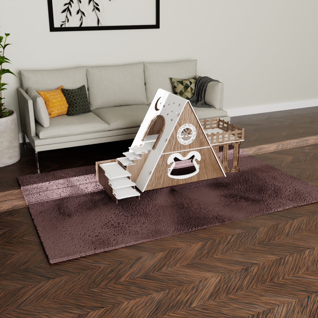 Bungalow Kaninchenhaus Katzenhaus mit Terrasse & Heuraufe – 2‑stöckiges Premium‑Hasenhaus aus 3 mm MDF, handgefertigt & zerlegbar – Indoor/geschützter Outdoor Stall für 1–2 Kaninchen – Bild 5