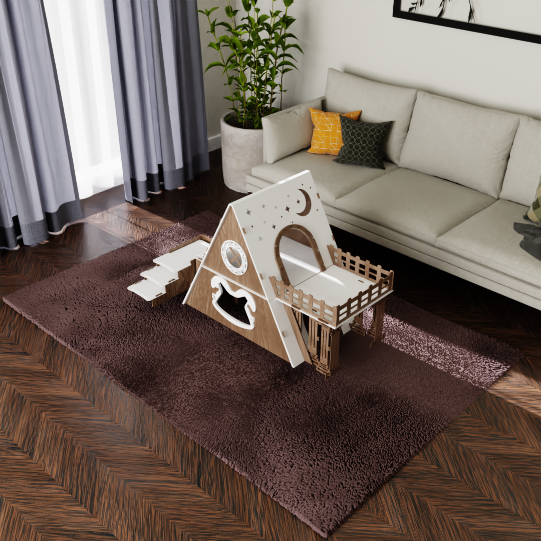 Bungalow Kaninchenhaus Katzenhaus mit Terrasse & Heuraufe – 2‑stöckiges Premium‑Hasenhaus aus 3 mm MDF, handgefertigt & zerlegbar – Indoor/geschützter Outdoor Stall für 1–2 Kaninchen – Bild 6