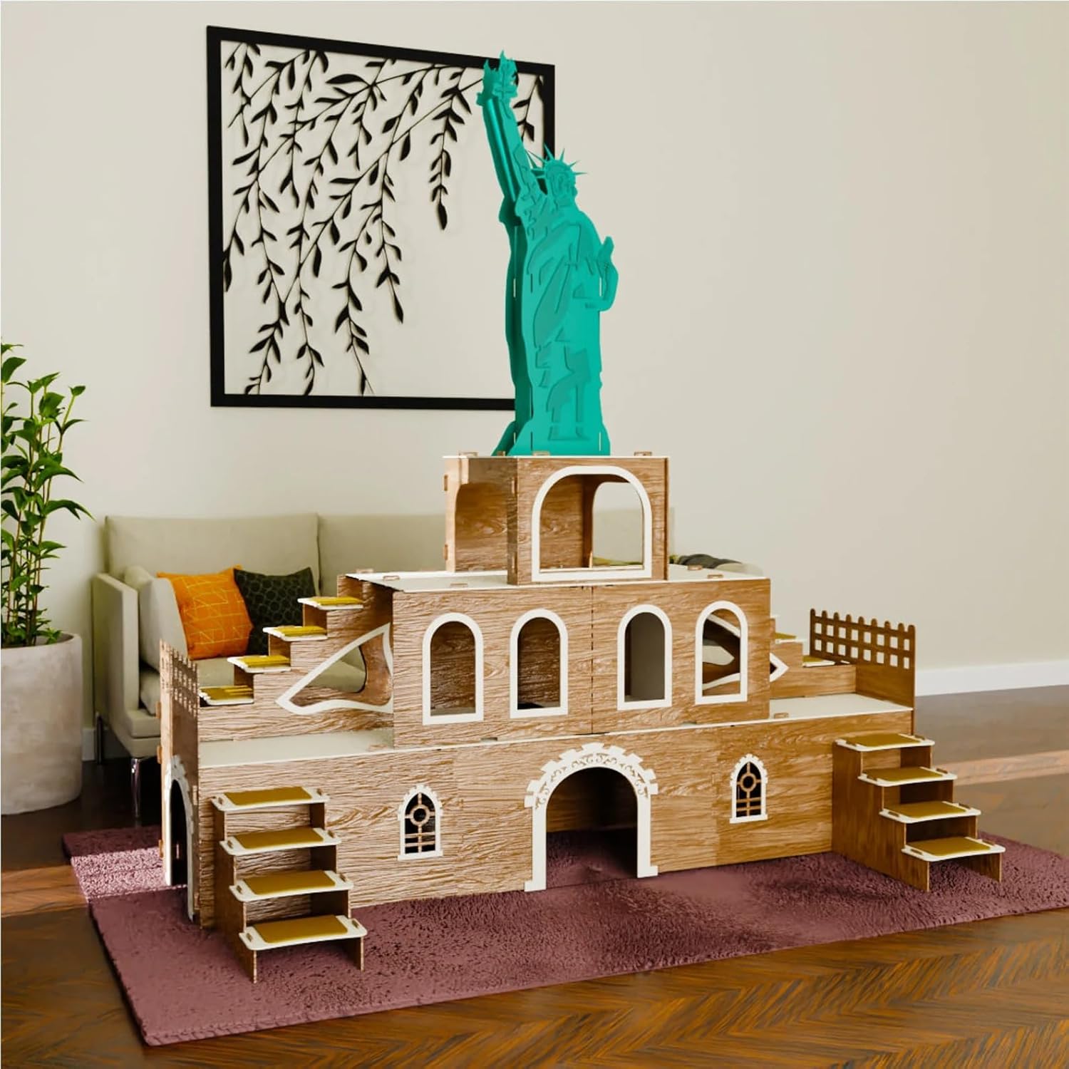 Kaninchenhaus „Statue of Liberty“ – 3-stöckiger Hasenstall aus MDF, inspiriert von der Freiheitsstatue – Großes Kaninchenschloss mit Treppen & Türen – Handgefertigt, zerlegbar, sicher & dekorativ