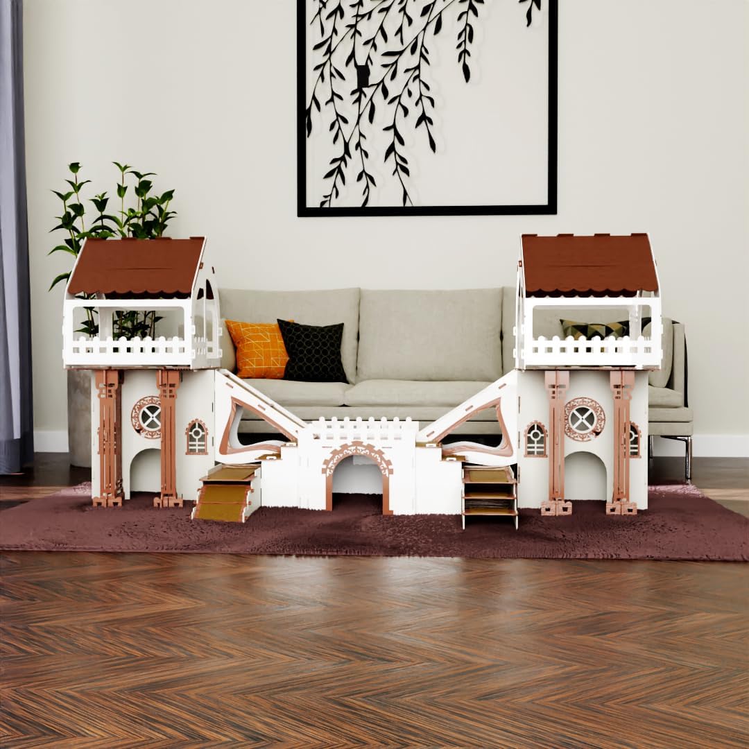 Kaninchenhaus aus Holz – 3 Etagen mit Terrasse & Brücke – Für bis zu 4 Kaninchen Indoor Kleintierhaus Mit Kissen ROOFED City – Bild 11