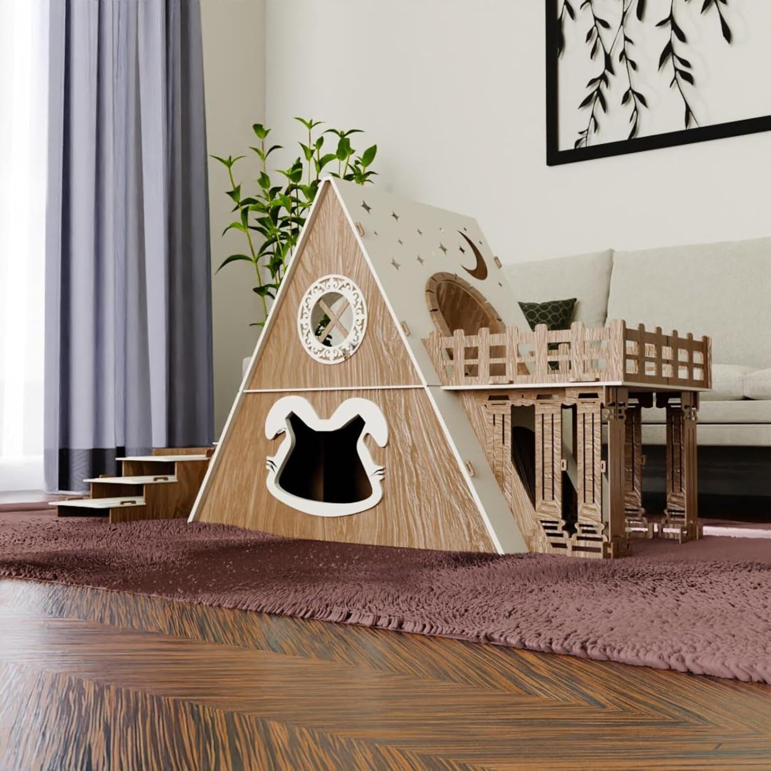 Bungalow Kaninchenhaus Katzenhaus mit Terrasse & Heuraufe – 2‑stöckiges Premium‑Hasenhaus aus 3 mm MDF, handgefertigt & zerlegbar – Indoor/geschützter Outdoor Stall für 1–2 Kaninchen – Bild 2