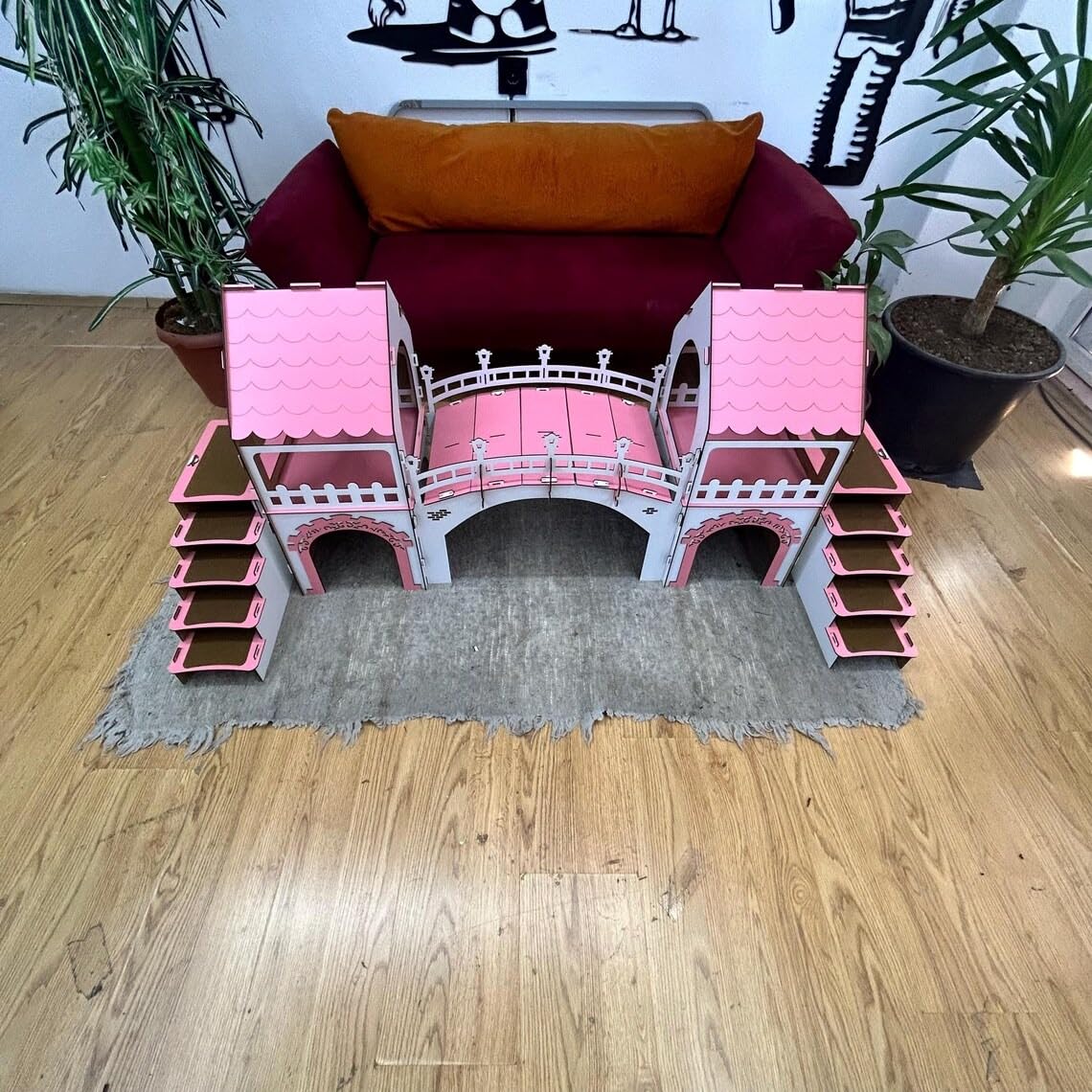 2-stöckiges Kaninchenschloss mit Holzbrücke – Großes Doppel-Turm Kaninchenhaus für bis zu 4 Kaninchen – Handgefertigtes Holzhaus mit rutschfesten Stufen & Luftzirkulation (Eiche-weiß, N) – Bild 4