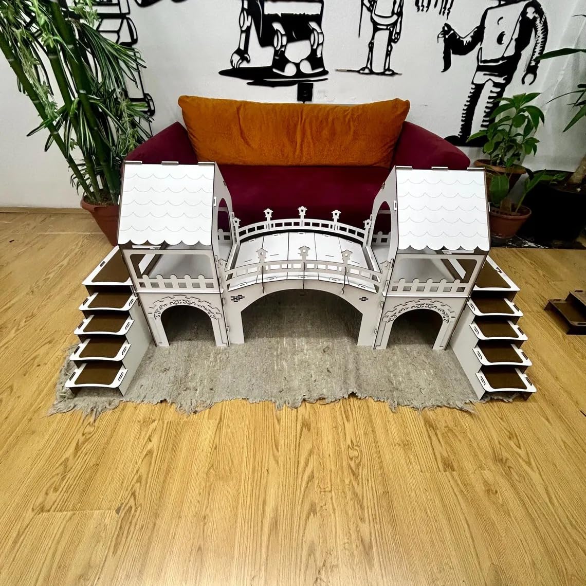 2-stöckiges Kaninchenschloss mit Holzbrücke – Großes Doppel-Turm Kaninchenhaus für bis zu 4 Kaninchen – Handgefertigtes Holzhaus mit rutschfesten Stufen & Luftzirkulation (Eiche-weiß, N) – Bild 6