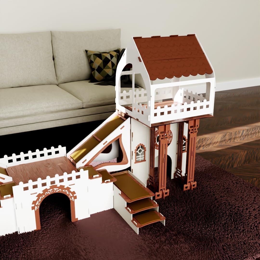 Kaninchenhaus aus Holz – 3 Etagen mit Terrasse & Brücke – Für bis zu 4 Kaninchen Indoor Kleintierhaus Mit Kissen ROOFED City – Bild 8