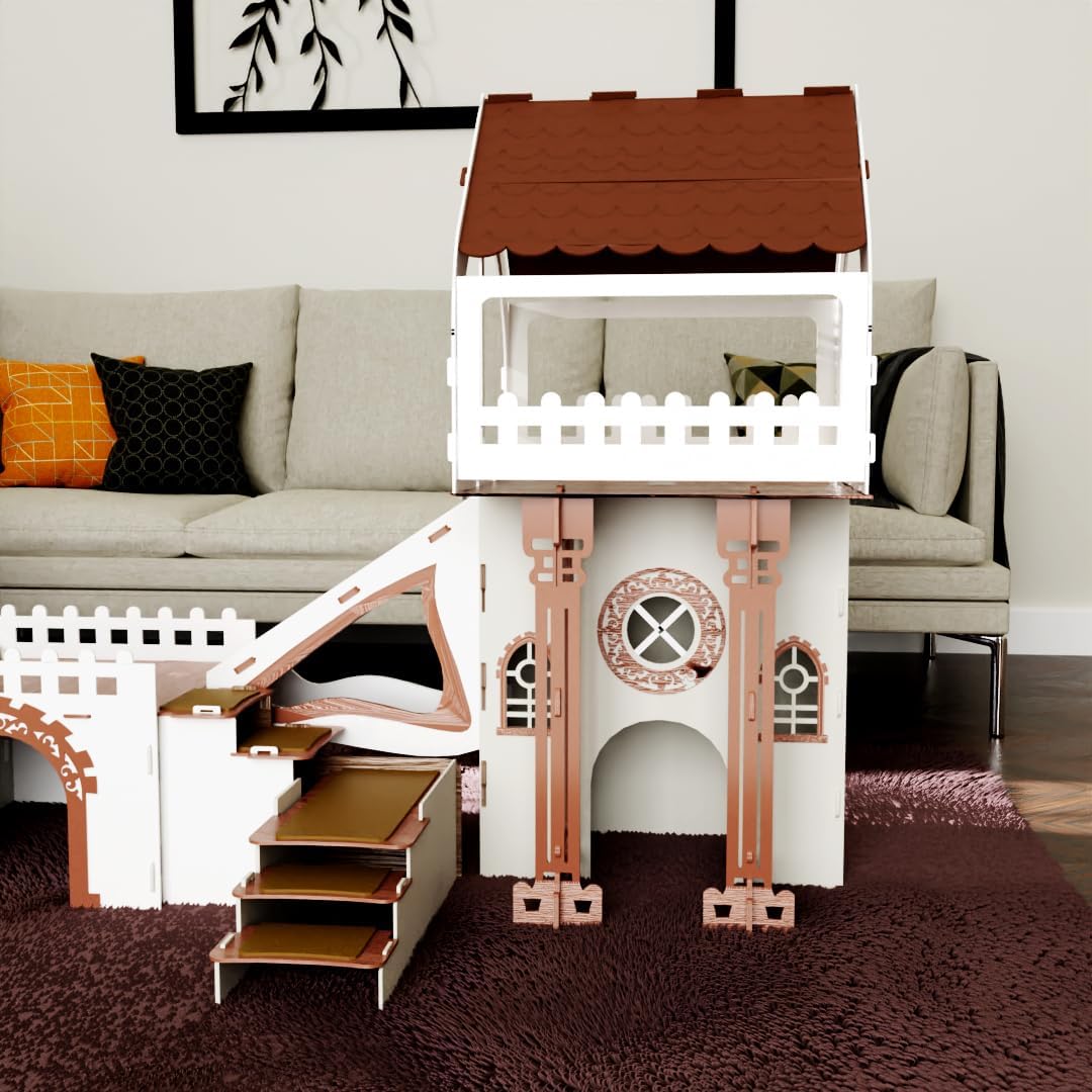 Kaninchenhaus aus Holz – 3 Etagen mit Terrasse & Brücke – Für bis zu 4 Kaninchen Indoor Kleintierhaus Mit Kissen ROOFED City – Bild 7