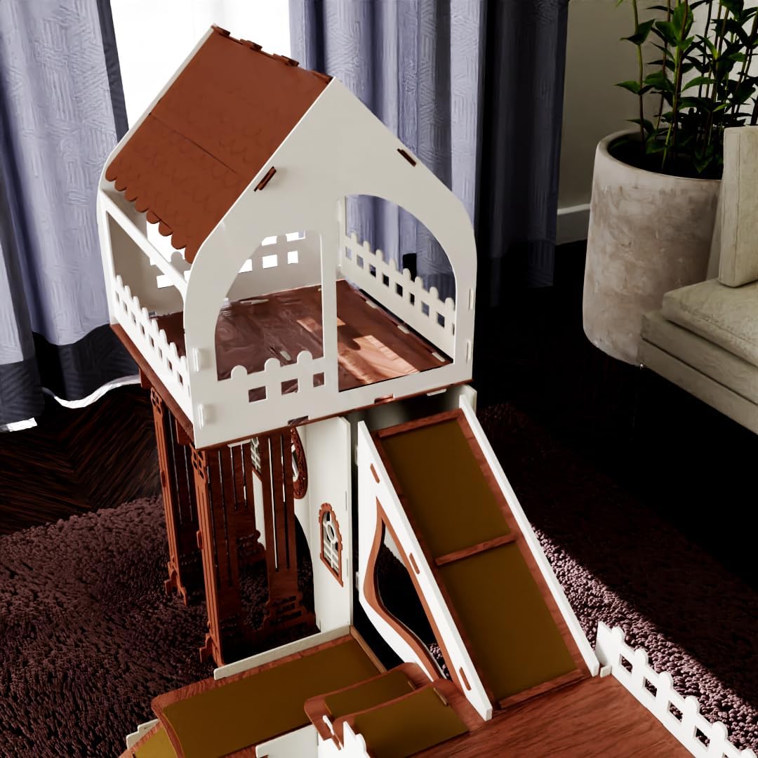 Kaninchenhaus aus Holz – 3 Etagen mit Terrasse & Brücke – Für bis zu 4 Kaninchen Indoor Kleintierhaus Mit Kissen ROOFED City – Bild 6