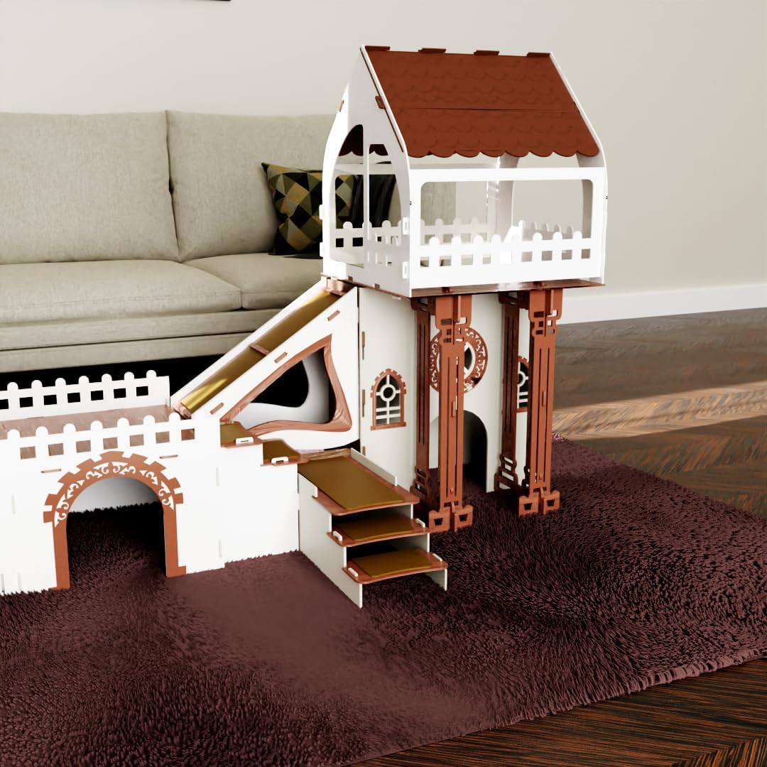 Kaninchenhaus aus Holz – 3 Etagen mit Terrasse & Brücke – Für bis zu 4 Kaninchen Indoor Kleintierhaus Mit Kissen ROOFED City – Bild 4