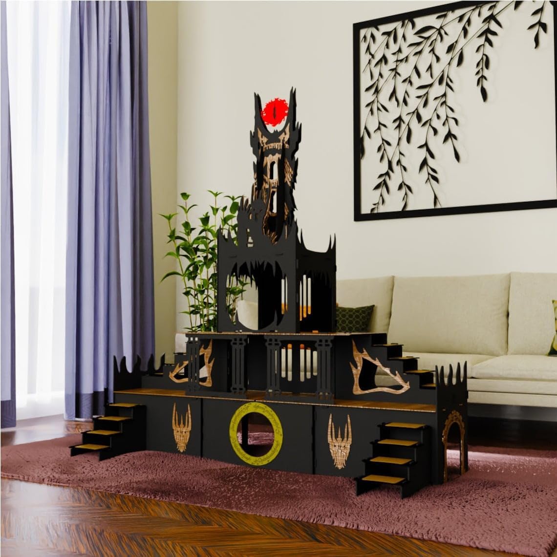 Sauron Eye Kaninchenhaus – 3-stöckiges Kaninchenschloss inspiriert von Mittelerde – Großes Design-Kaninchenheim mit mystischer Optik – Für Innenbereich, aus MDF, Handgefertigt – Bild 2
