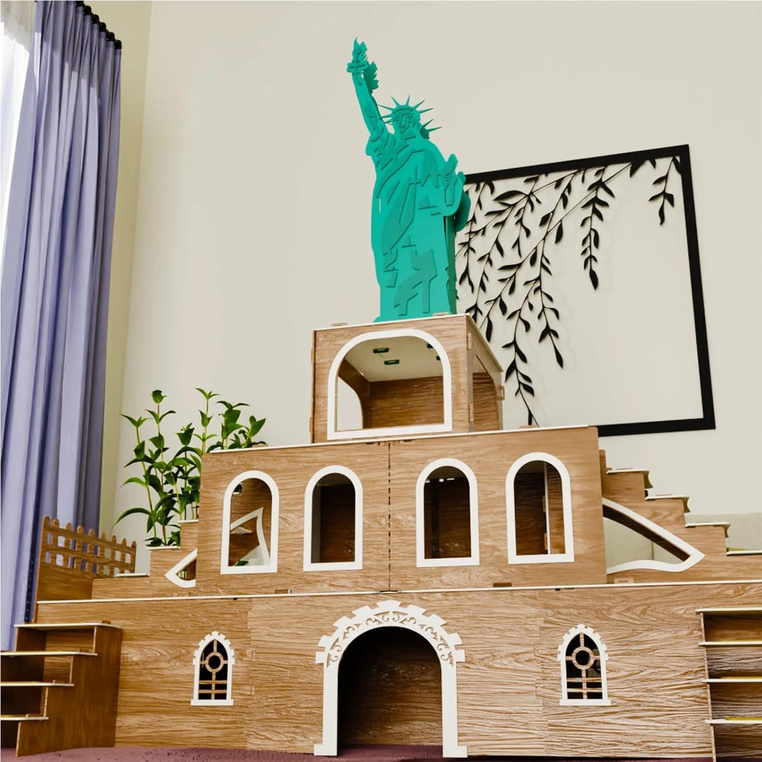 Kaninchenhaus „Statue of Liberty“ – 3-stöckiger Hasenstall aus MDF, inspiriert von der Freiheitsstatue – Großes Kaninchenschloss mit Treppen & Türen – Handgefertigt, zerlegbar, sicher & dekorativ – Bild 5