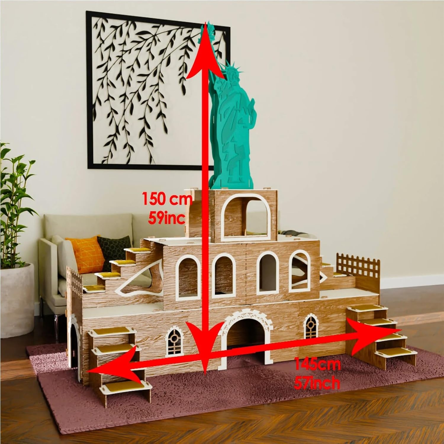 Kaninchenhaus „Statue of Liberty“ – 3-stöckiger Hasenstall aus MDF, inspiriert von der Freiheitsstatue – Großes Kaninchenschloss mit Treppen & Türen – Handgefertigt, zerlegbar, sicher & dekorativ – Bild 2