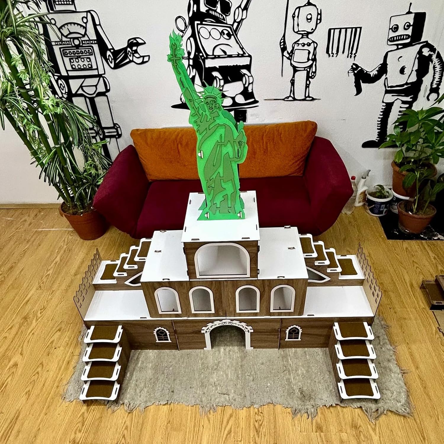Kaninchenhaus „Statue of Liberty“ – 3-stöckiger Hasenstall aus MDF, inspiriert von der Freiheitsstatue – Großes Kaninchenschloss mit Treppen & Türen – Handgefertigt, zerlegbar, sicher & dekorativ – Bild 7