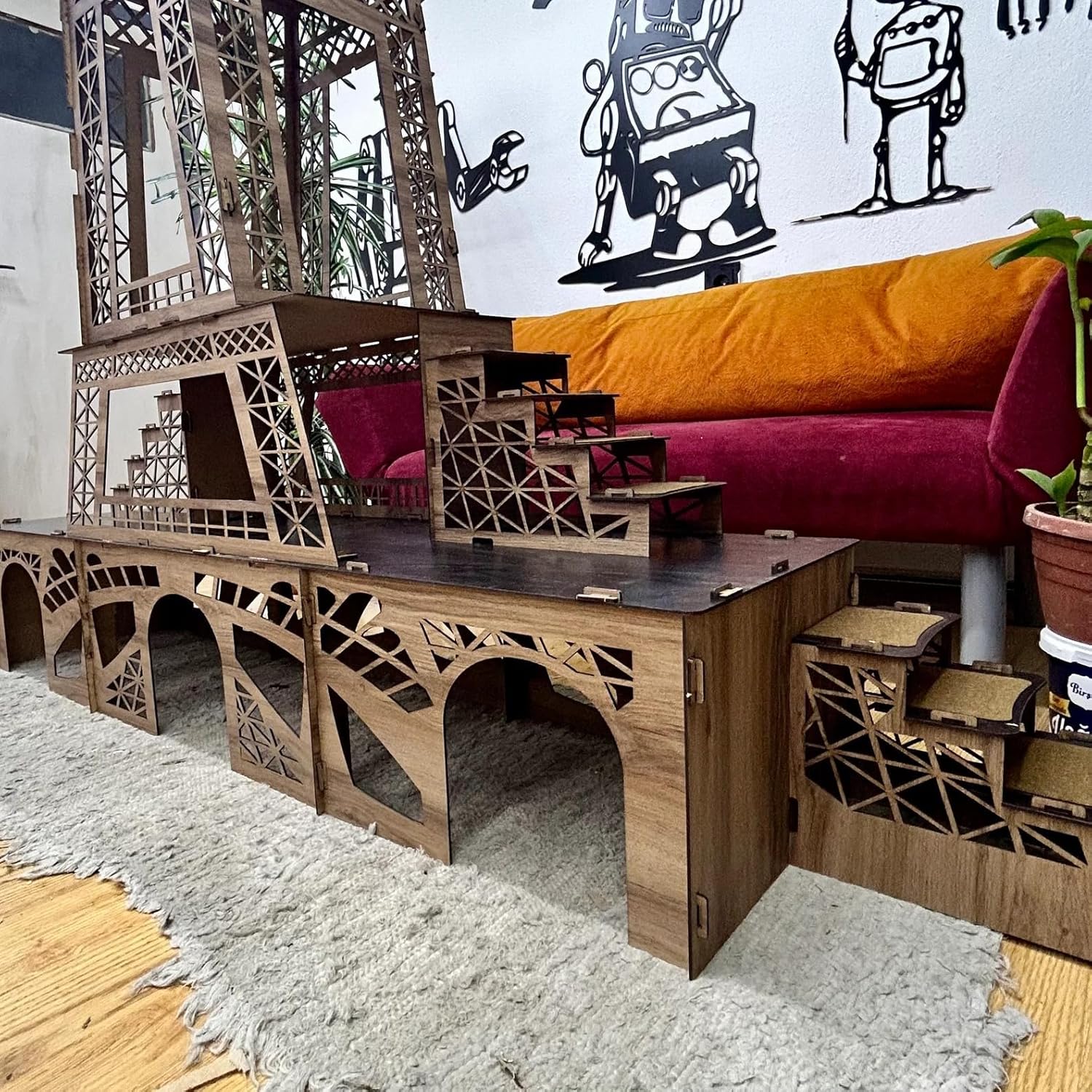 Eiffelturm Kaninchenhaus – 3‑stöckiges Hasenhaus aus MDF mit Rampen & Türen – XXL Kaninchenburg, zerlegbar, inspiriert vom Pariser Wahrzeichen – 190 cm hoch für 2–4 Kaninchen – Bild 8