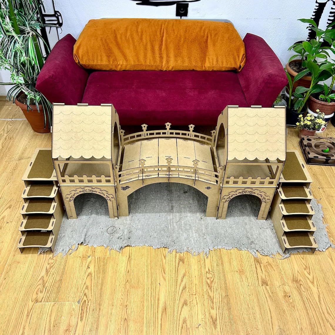 2-stöckiges Kaninchenschloss mit Holzbrücke – Großes Doppel-Turm Kaninchenhaus für bis zu 4 Kaninchen – Handgefertigtes Holzhaus mit rutschfesten Stufen & Luftzirkulation (Eiche-weiß, N) – Bild 7