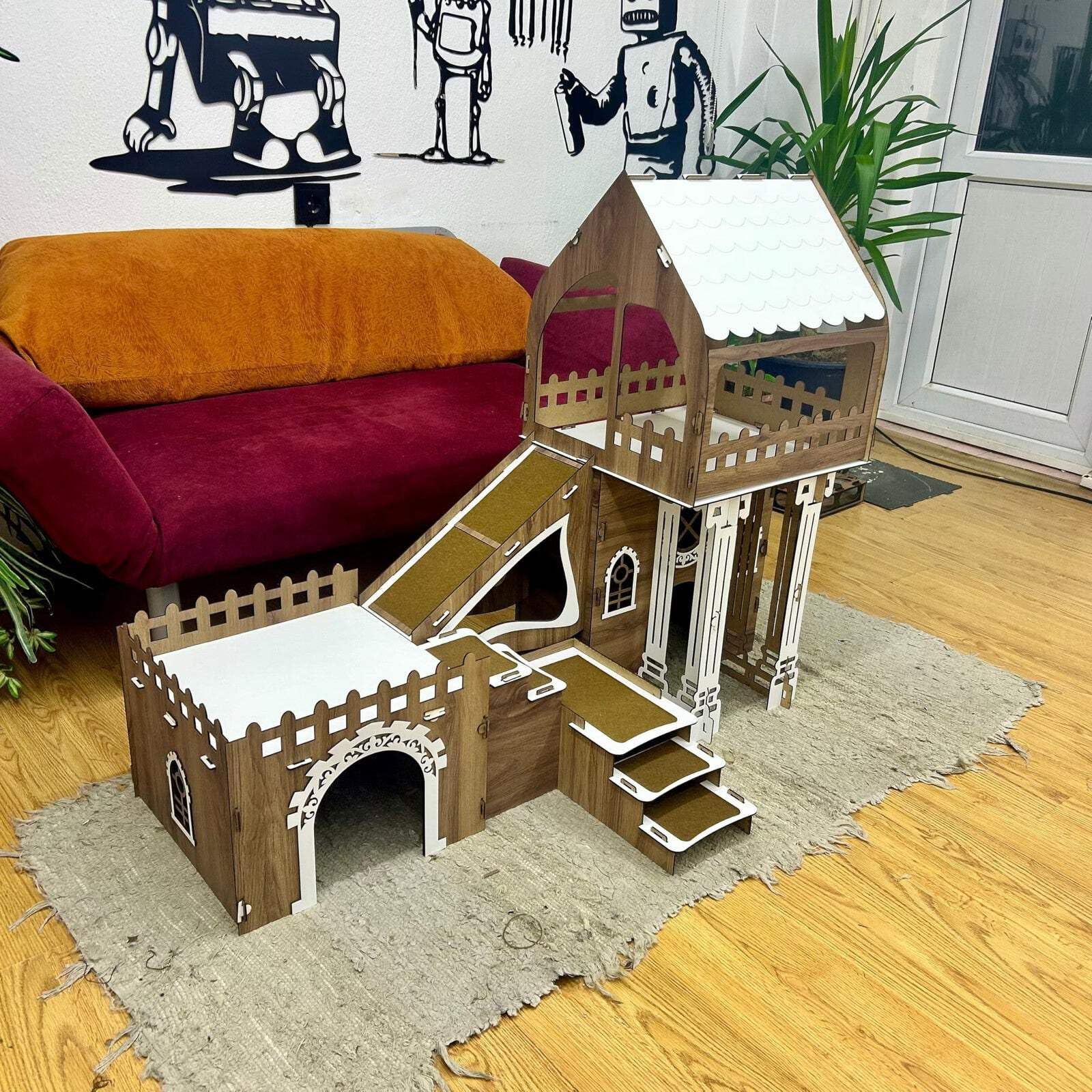 Dach‑Triplex Kaninchenhaus „Bunny Castle“ – Großes 3‑stöckiges Hasenschloss mit Terrasse & Holzbrücke – Für bis zu 4 Kaninchen (bis 10 kg), inkl. waschbaren Welsoft‑Kissen (weiß-rosa, N) – Bild 3