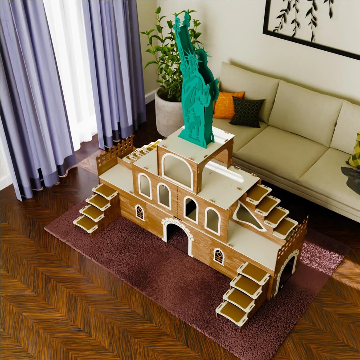 Kaninchenhaus „Statue of Liberty“ – 3-stöckiger Hasenstall aus MDF, inspiriert von der Freiheitsstatue – Großes Kaninchenschloss mit Treppen & Türen – Handgefertigt, zerlegbar, sicher & dekorativ – Bild 4
