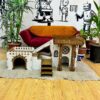 Kaninchenhaus Triplex mit Terrasse & Holzbrücke – 3 Etagen – Modernes Katzenmöbel aus Holz mit Kissen