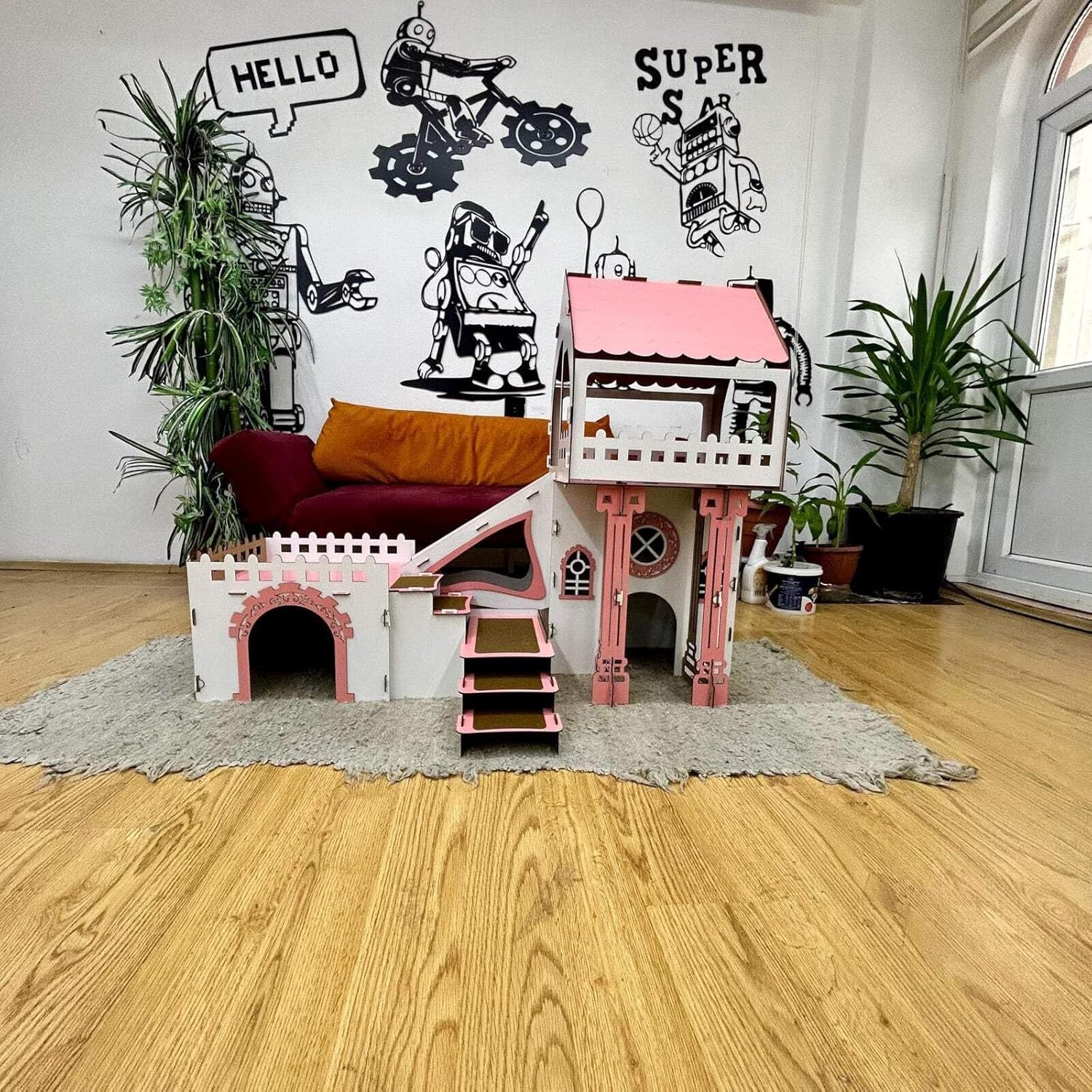 Dach‑Triplex Kaninchenhaus „Bunny Castle“ – Großes 3‑stöckiges Hasenschloss mit Terrasse & Holzbrücke – Für bis zu 4 Kaninchen (bis 10 kg), inkl. waschbaren Welsoft‑Kissen (weiß-rosa, N)