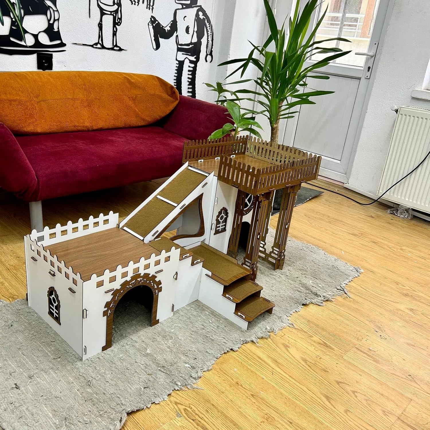 Triplex Kaninchenhaus mit Terrasse – 3-stöckiges Holzhaus mit Brücken & Rampen für bis zu 4 Kaninchen – Inkl. Kissen – Großes Spielhaus für Innenbereich (Weiß-Walnuss, N) – Bild 2