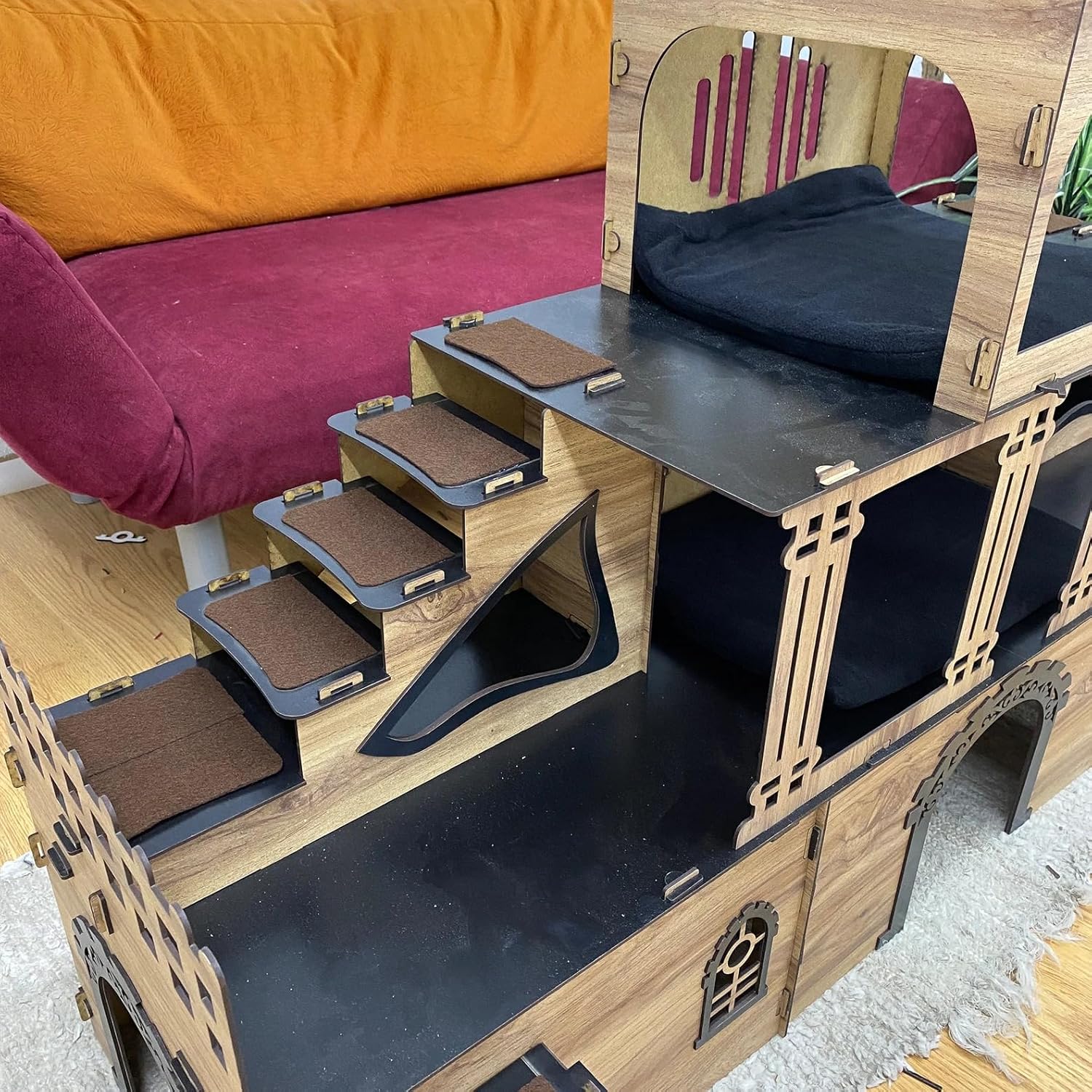 Riesengroße Kaninchenburg mit Glockenturm – 3-stöckiges Kaninchenhaus mit Holzbrücke & Terrasse – Großes Spielhaus für bis zu 4 Kaninchen – Handgefertigt aus 3 mm Sperrholz (Eiche-Schwarz, N) – Bild 3