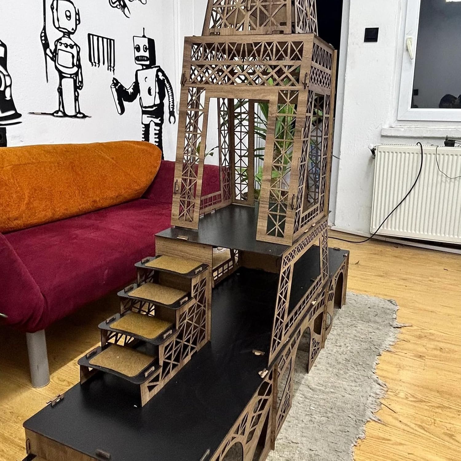 Eiffelturm Kaninchenhaus – 3‑stöckiges Hasenhaus aus MDF mit Rampen & Türen – XXL Kaninchenburg, zerlegbar, inspiriert vom Pariser Wahrzeichen – 190 cm hoch für 2–4 Kaninchen – Bild 6