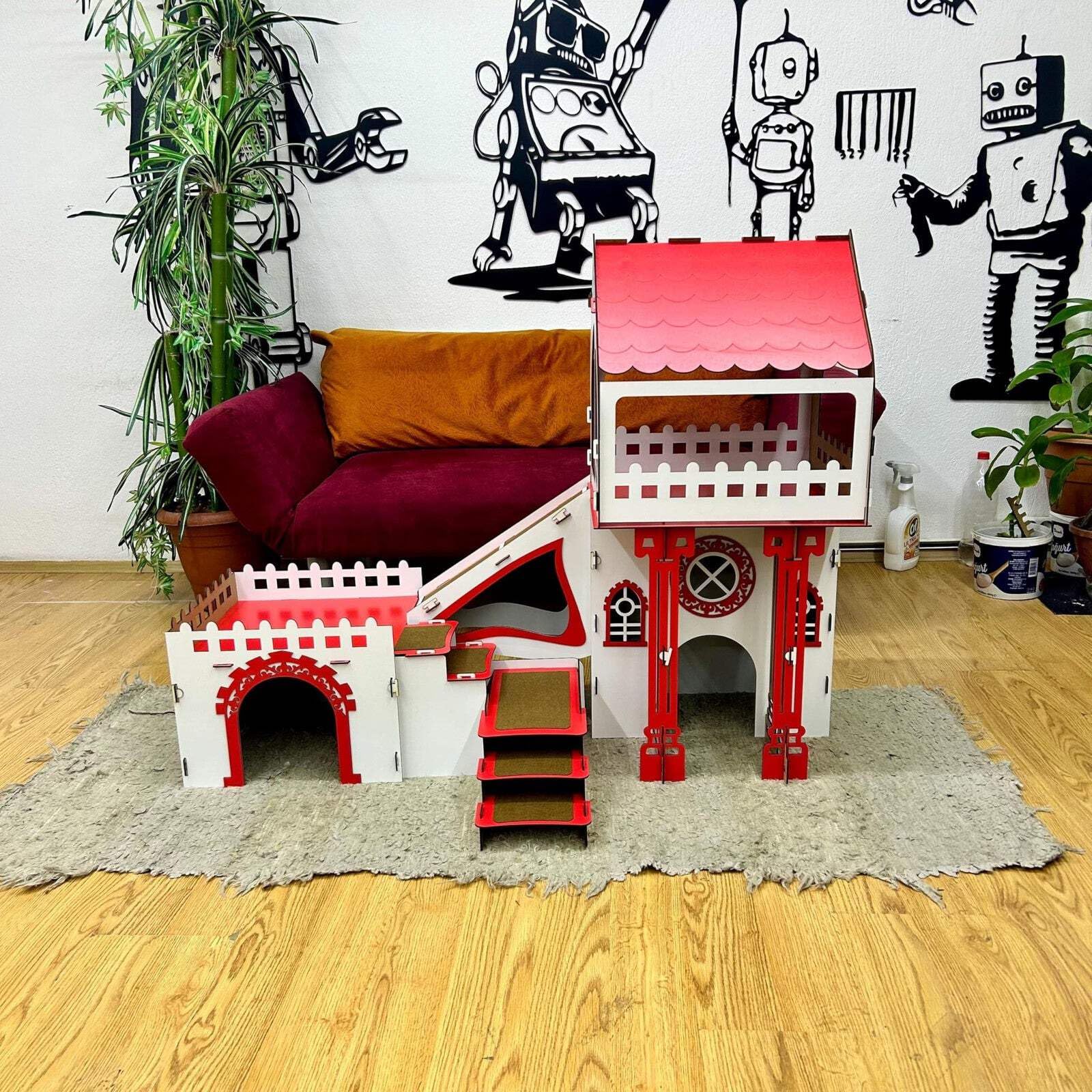 Dach‑Triplex Kaninchenhaus „Bunny Castle“ – Großes 3‑stöckiges Hasenschloss mit Terrasse & Holzbrücke – Für bis zu 4 Kaninchen (bis 10 kg), inkl. waschbaren Welsoft‑Kissen (weiß-rosa, N) – Bild 4